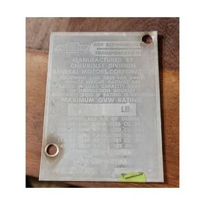 1965 Chevrolet Chevy Truck Data Compliance Certification Plate 5000 LB GVW